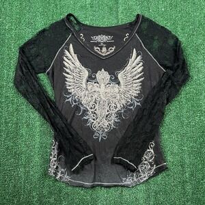 VTG Maurices Premium Top‎ Women's Black XL Lace Sleeves Wing Graphic Tribal Y2K